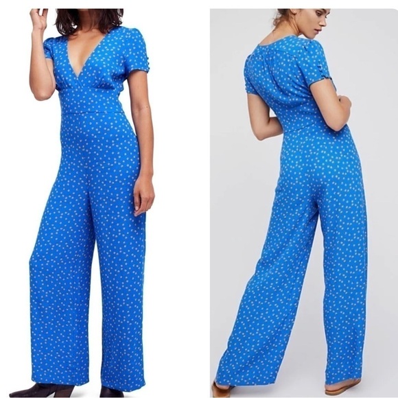 Free People Cornflower Blue Floral Jumpsuit Suit Jumper Romper Wide Leg size  10 - Picture 1 of 13